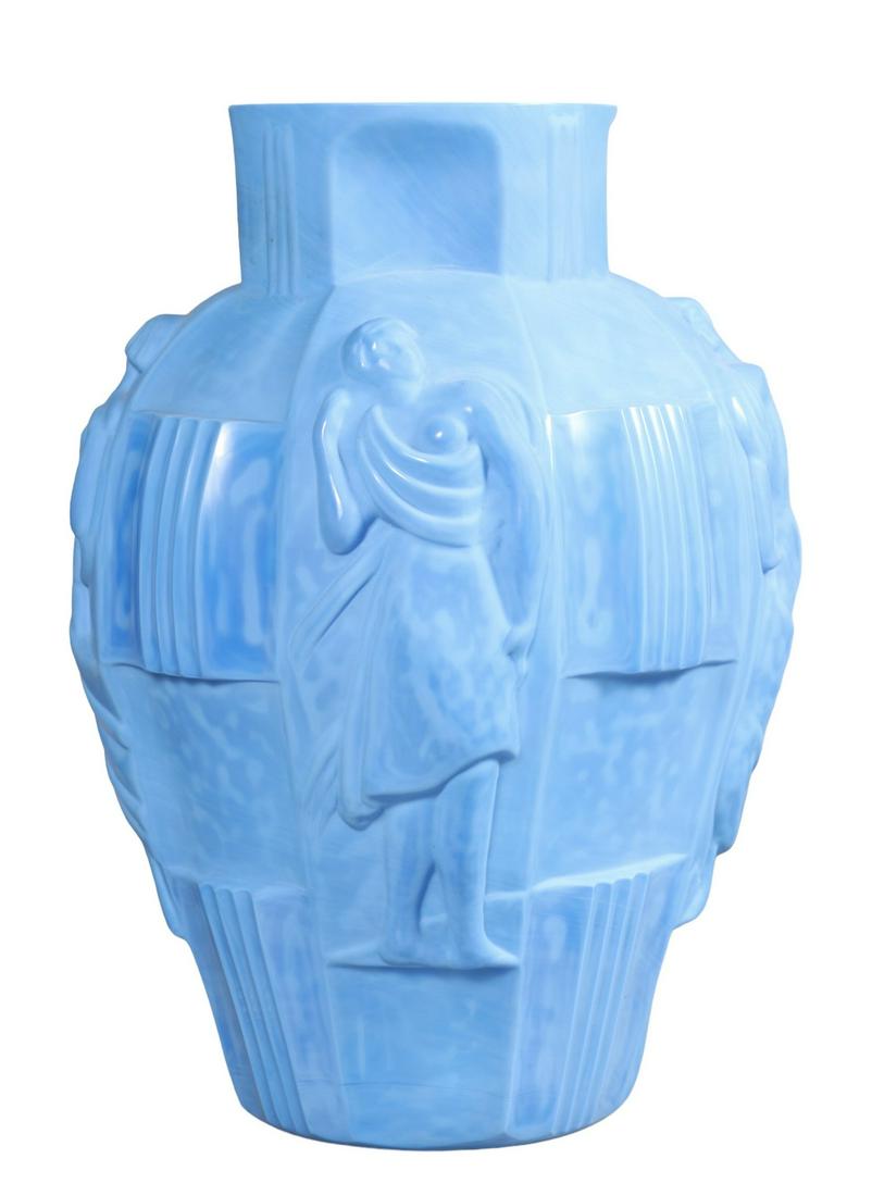 Desna Czech Art Deco Style Agate Glass Vase: Desna Czech Art Deco Style Agate Glass Vase, in robed and semi-nude multi-maiden surround, signed at underside, 10"H, after Curt Schlevogt, A Design By Artur Pleva