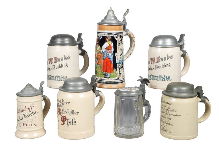 (7) Advertising Beer Steins With Pewter Lids