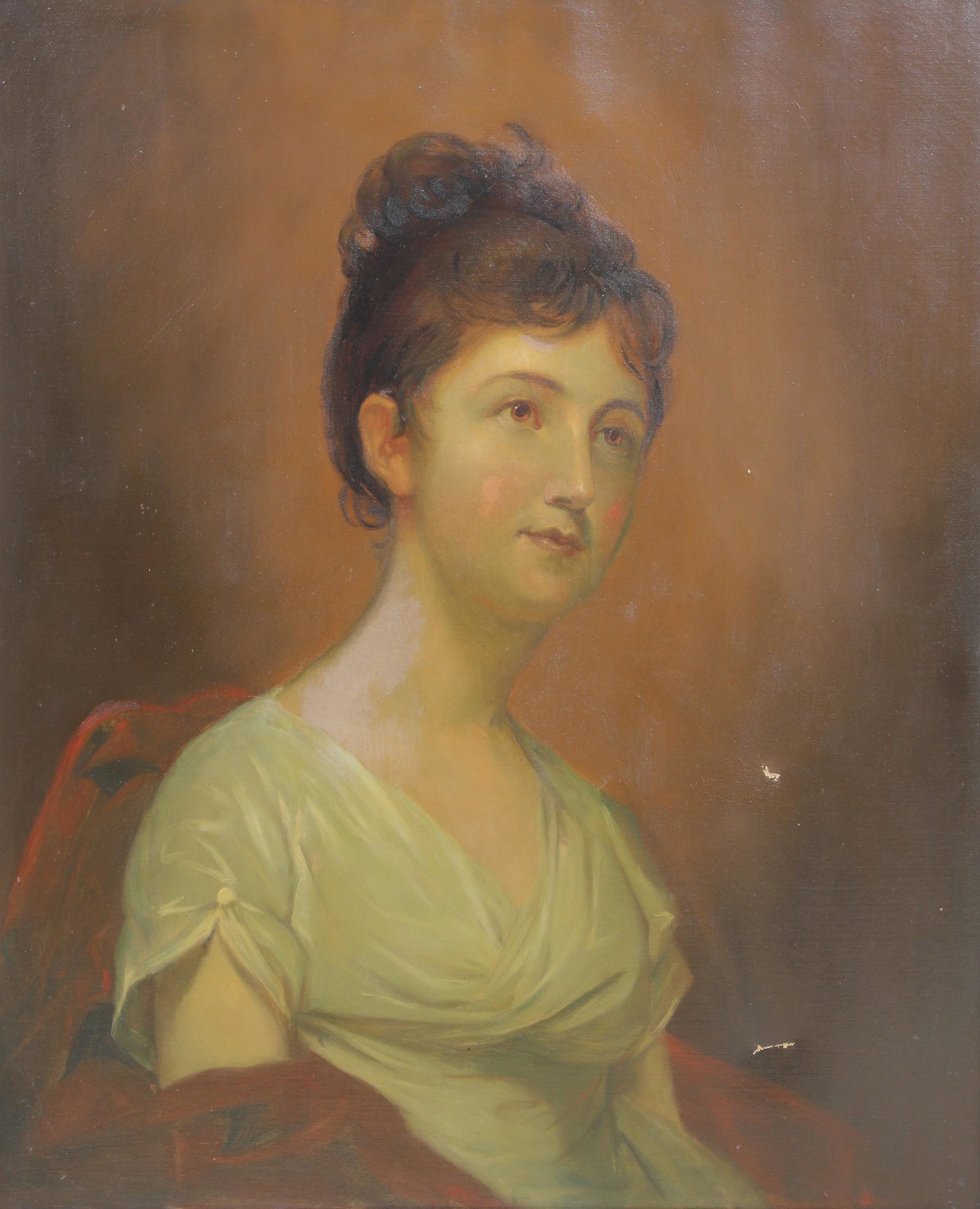 Portrait Painting of a Young Woman: Portrait painting of a young woman, oil on canvas, unsigned, 27-3/4" x 22-3/4", framed 34-1/4" x 29-1/4", good condition, restoration and inpainting, missing tiny print flake, (2) punctures