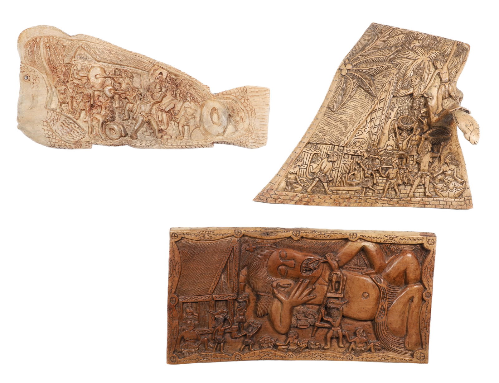 (3) Palau Carved Wood Storyboards: (3) Palau carved wood storyboards, signed Peter S, 22-5/8" x 18-1/2"