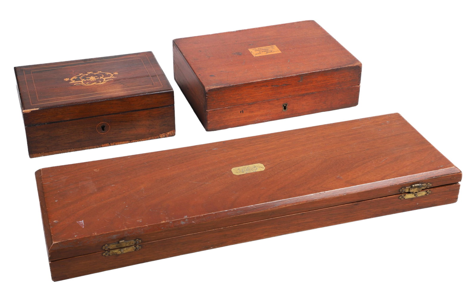 (3) Antique Wood Boxes: (3) Antique wood boxes, c/o box with plaque engraved "JL Frederick Successor to J Fisher 1491 Philada" with key (9" x 6-5/8" x 2-5/8" h, non-working lock), veneer with inlaid wood design & brass strin