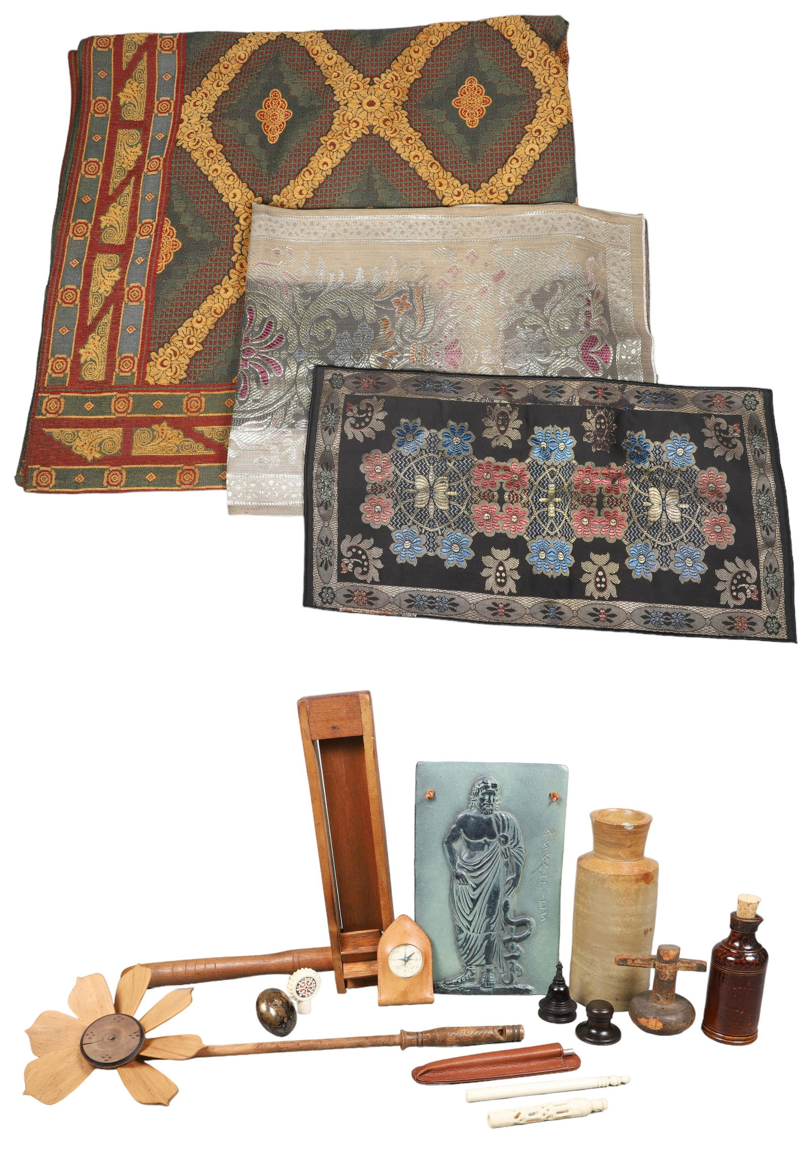Mixed Lot: Mixed lot, including Joseph Bourne Denby stoneware blacking bottle, brown glazed pottery cruet, German compass & distance calculator in leather pouch, ceramic wall plaque of Aesculapius God of Health,