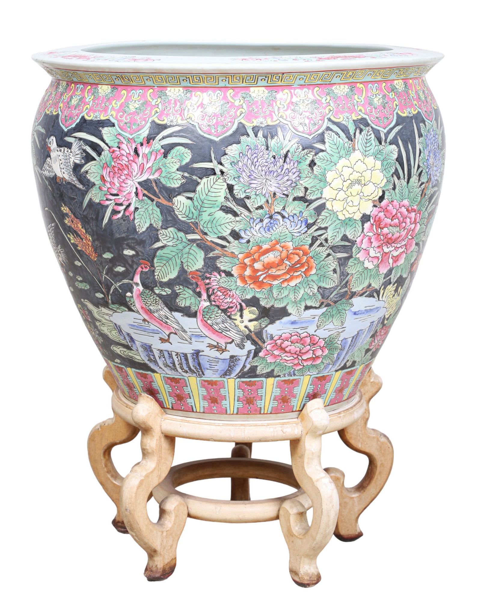 Large Chinese Porcelain Fish Bowl: Large Chinese porcelain fish bowl, Famille noire floral decoration on exterior, koi fish on interior, calligraphy to base, 20-1/2" dia x 17-3/4" h, with wood stand, 10" h, No cracks or chips, discolor