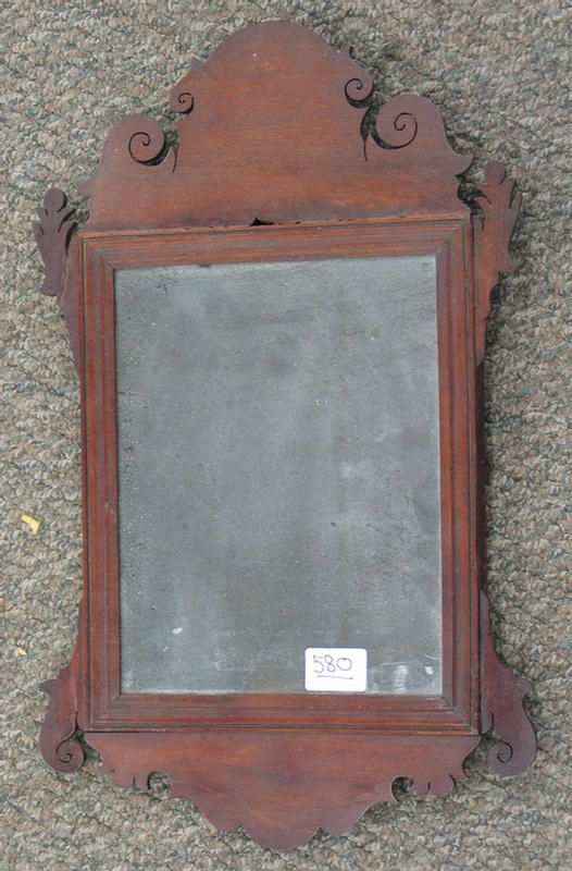 Mahogany fretwork Chippendale wall mirror, old if: Mahogany fretwork Chippendale wall mirror, old if not original glass, top crest & 2 ears reglued, a minor loss ot bottom edge, 20" high