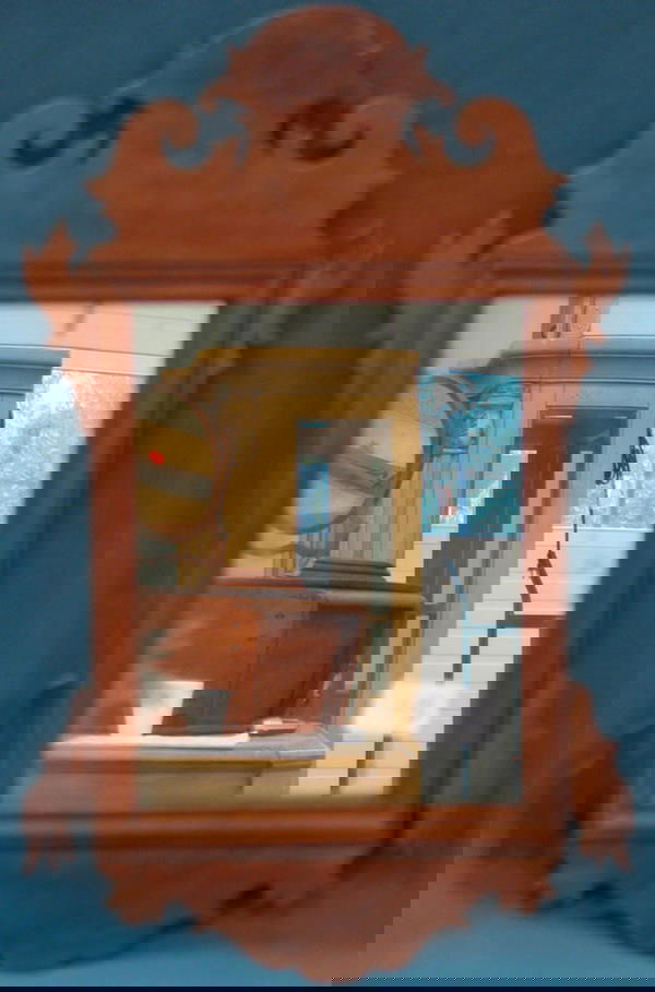 Mahogany Chippendale fretwork wall mirror, 2 lower: Mahogany Chippendale fretwork wall mirror, 2 lower ears and part of crest board replaced, 20" high