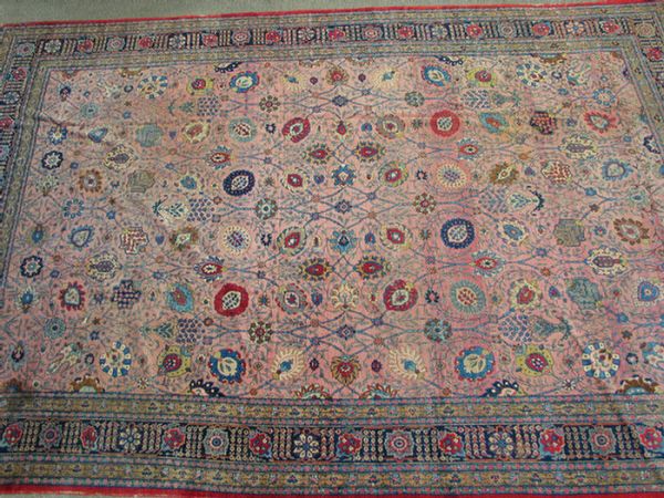 12.2 x 17.6 Persian carpet, wear, moth damage