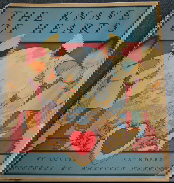 The Knave of Hearts, Louise Saunders, illustrated: The Knave of Hearts, Louise Saunders, illustrated by Maxfield Parrish, Scribner's 1925, spiral bound soft cover edition, interior pages in fine condition, front cover with bent corners, right edge cre