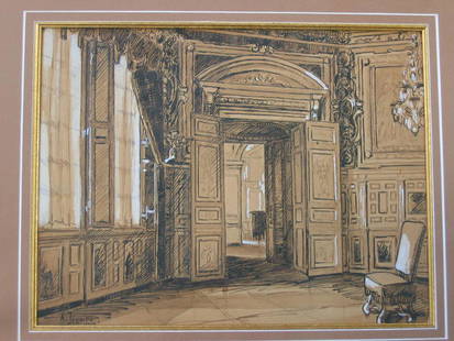 A(ndre) Leveille, French, 1880-1963, Interior of: A(ndre) Leveille, French, 1880-1963, Interior of a Grand Home, 14 in x 18.25 in sight size, watercolor & ink with white wash highlights, nicely framed & matted, signed lower left