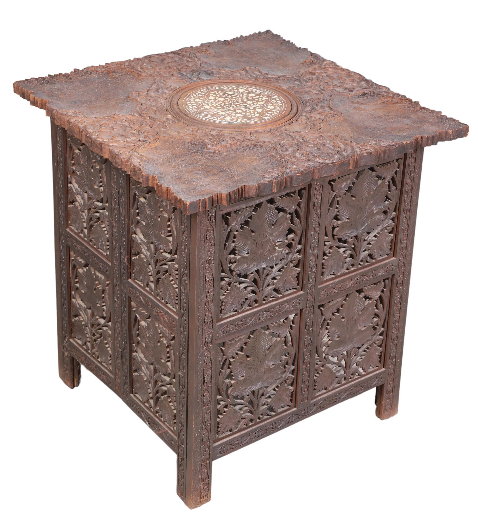 Indian carved inlaid folding side table (1 of 3)
