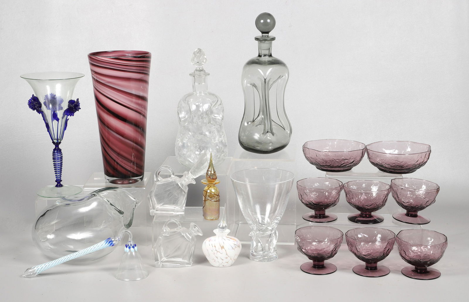 Modern Glass Decanters, Vase, Table Items: Modern glass decanters, vase, table items to include pinched mold blown art glass decanter, assembled stopper, Holmegaard Per Lutken Kluk Kluk decanter, 11-3/4"H, amethyst swirl glass vase, (6) footed