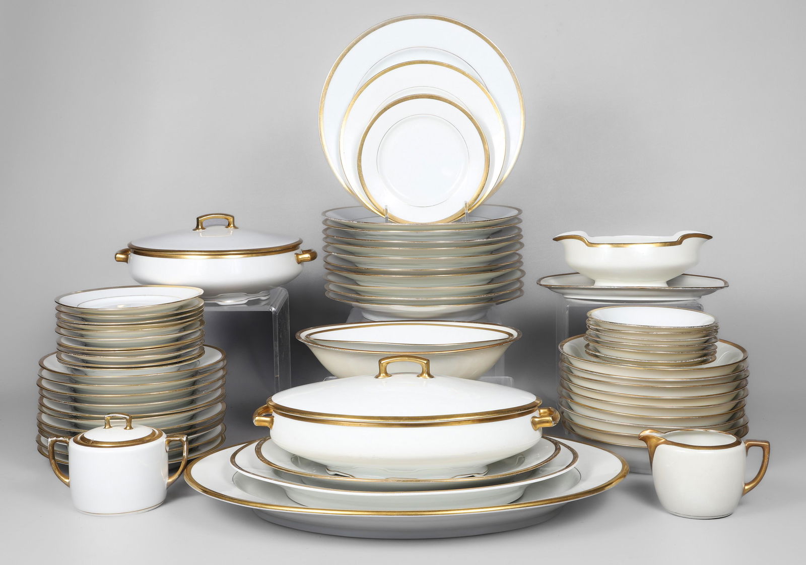 (61) Pcs MZ Austria Gold Rim Dinnerware: (61) Pcs Moritz Zdekauer MZ Austria gold rim porcelain dinnerware, c/o (11) 9-5/8" dinner plates, (12) 7-3/4" salad plates, (12) 6-1/4" B&B plates, (7) 5-1/4" fruit bowls, (9) 7-5/8" soup bowls, sauce