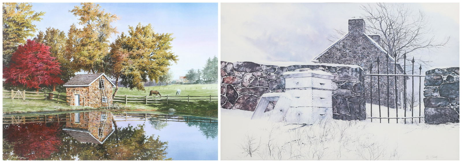 (2) Prints, Peter Sculthorpe & Richard Bollinger: (2) Prints, Peter Sculthorpe & Richard Bollinger, "The Beekeeper", pencil signed "P. Sculthorpe", 144/500; farm landscape, pencil signed "Richard Bollinger", 800/850; largest framed size 33-1/2" x 41"