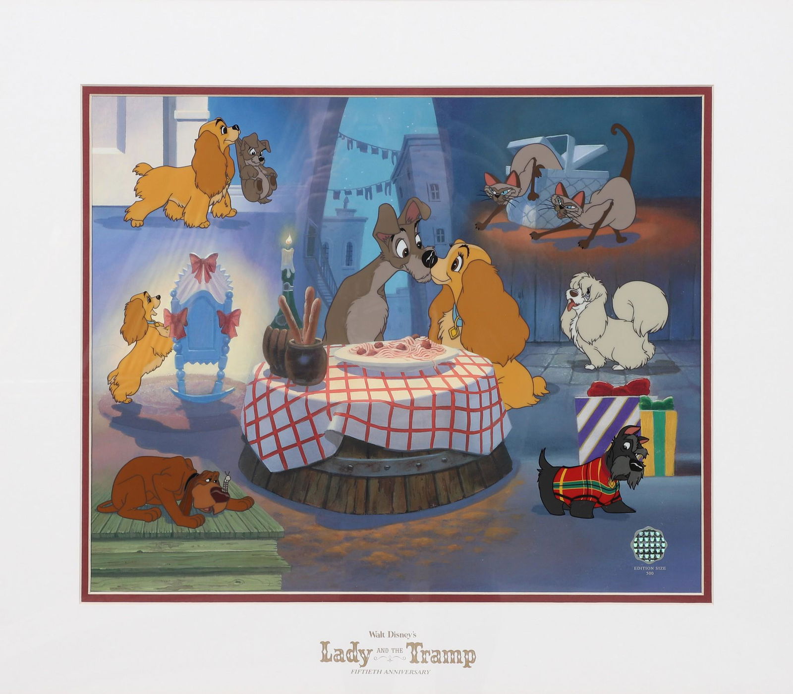 Lady & the Tramp Commemorative Sericel: Lady & the Tramp commemorative sericel, 50th Anniversary edition depicting characters from the movie, sericel lithographic background, bears Walt Disney holographic seal, certificate of authenticity o