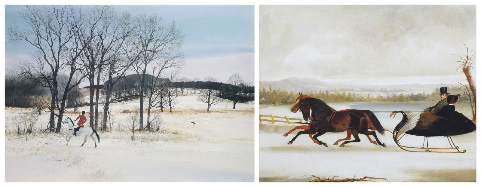 (2) Framed Prints: (2) Framed prints, Winter landscape after Peter Sculthorpe and sleigh ride scene, offset lithographs, largest framed size 31-1/4" x 39-1/4", very good condition