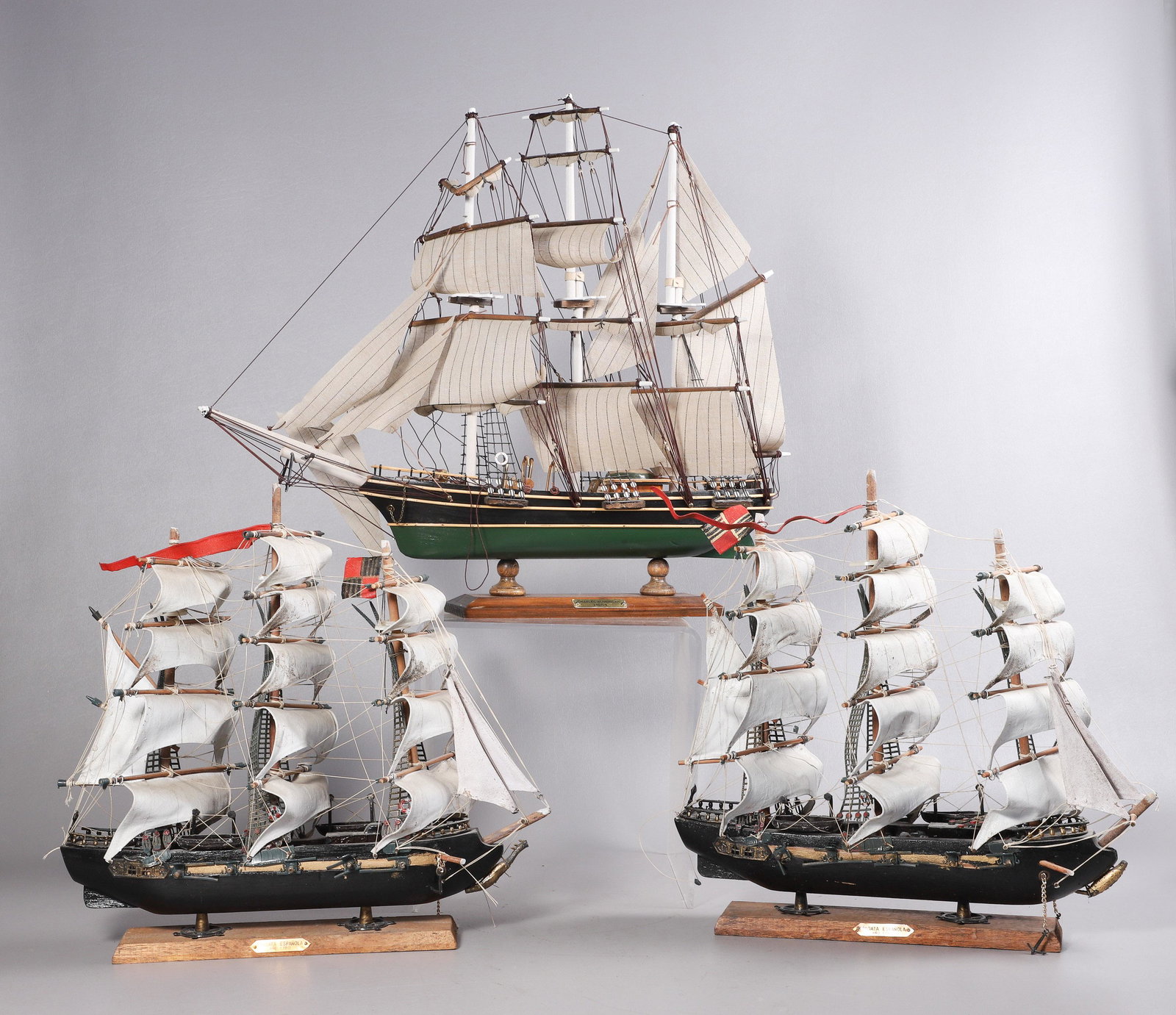 (4) Sailing Ship Models: (3) Sailing ship models, c/o "Charles W Morgan 1841" (23" w x 1-1/2" h, one broken spreader), (2) "Fragata Espanola Ano 1780" (15" w x 15-1/2" h)The Charles W. Morgan is the last of an American whalin