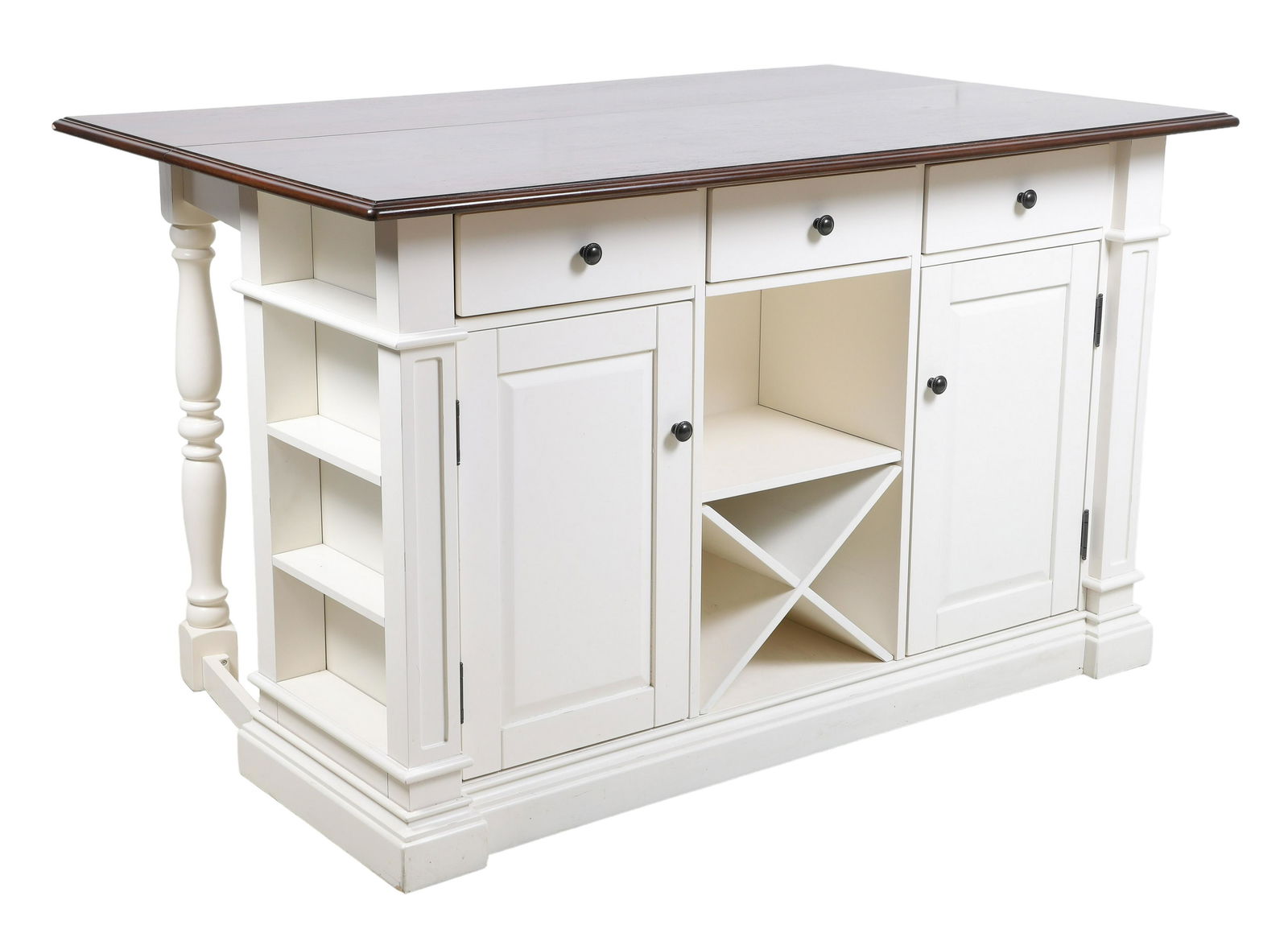 Contemporary kitchen island: Contemporary kitchen island, walnut top with white painted base, drop leaf at back, three drawers over center with open cubby and wine rack flanked by two doors, sides with open shelves, 36"h x 60"w x