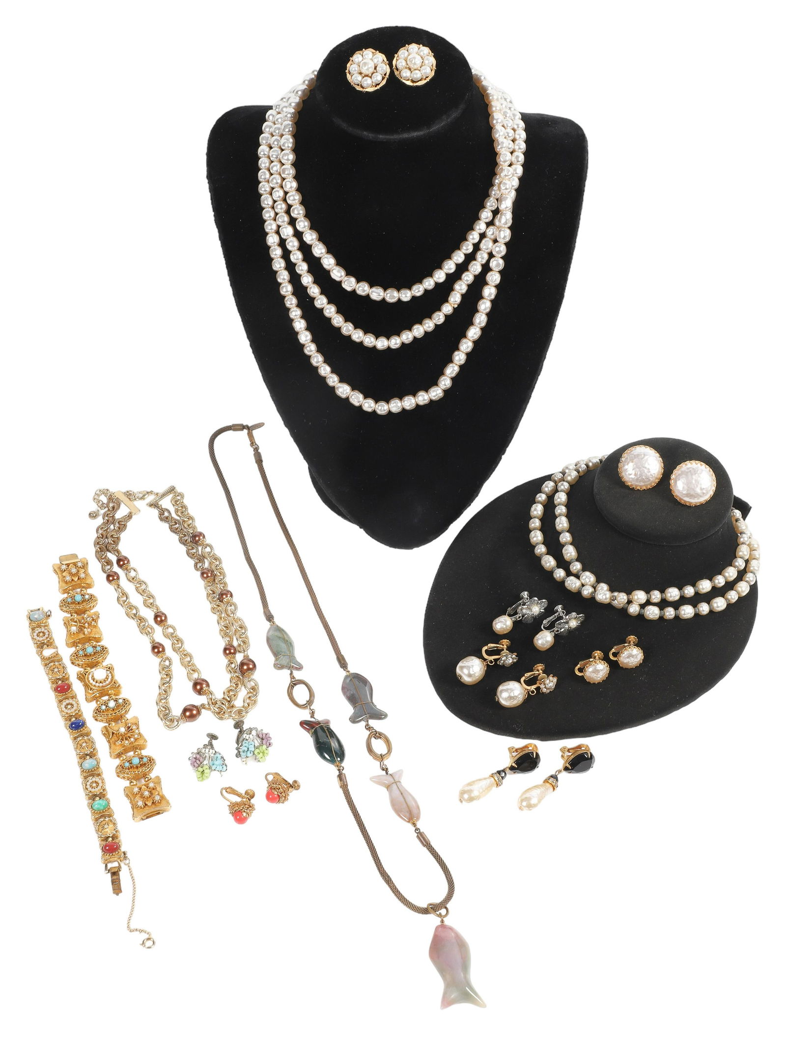 Miriam Haskell and Style Jewelry Group: Miriam Haskell and style jewelry group to include (6) signed earring pairs, signed pearl style necklace, signed multi-fish charm necklace, a similarly designed faux pearl strand necklace, similarly de