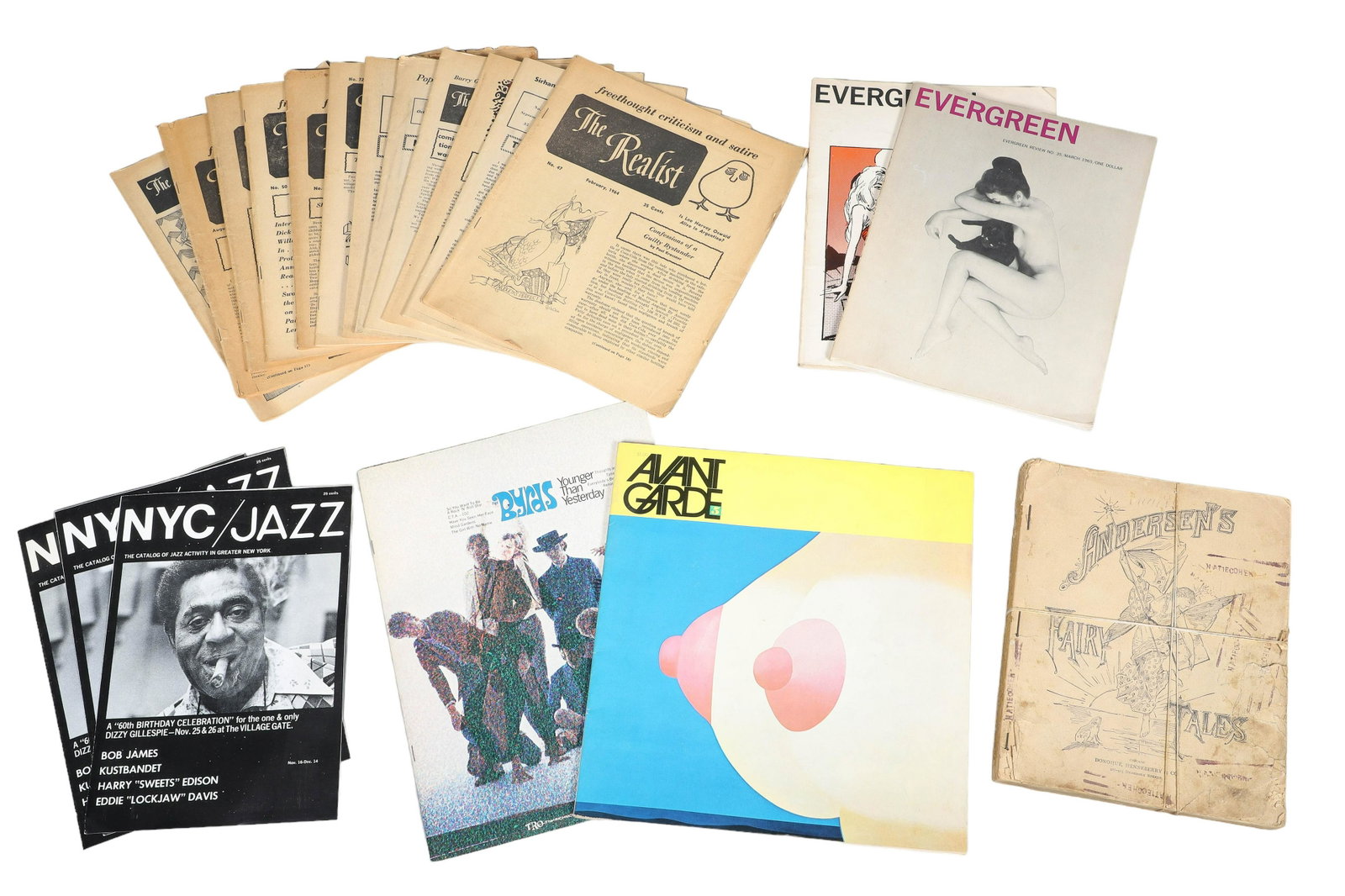A lot of 1960s ephemera, underground, jazz, etc.: A lot of ephemera apparently mainly from the 1960s, c/o thirteen copies from the 1960s of a New York City underground magazine called The Realist ("freethought criticism and satire"), three copies of 