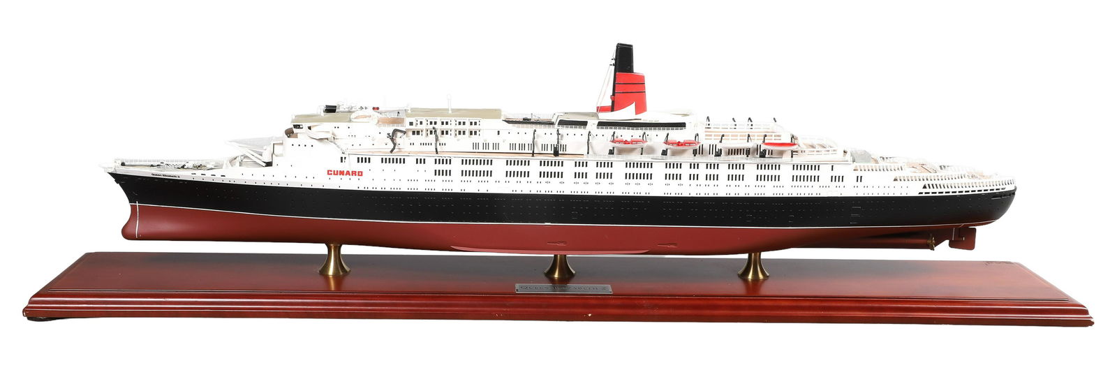 Cunard Queen Elizabeth II Ship Model: Danbury Mint Cunard Queen Elizabeth 2 (QE2) ship model, mounted on wood base, ship 29" l, 32" x 6" x 8-3/4" h overall, missing some lifeboats