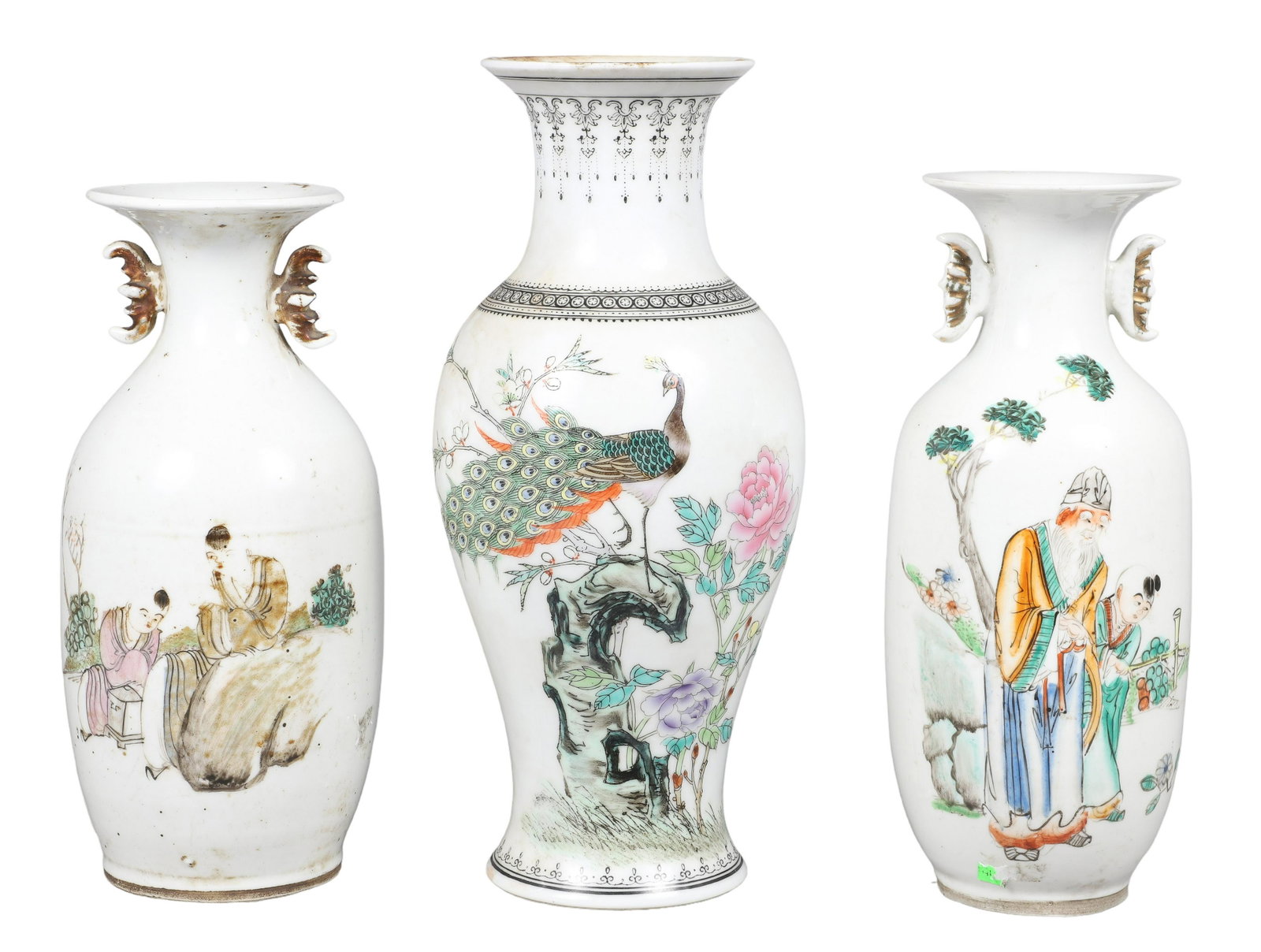 (3) Chinese Porcelain Vases: (3) Chinese porcelain vases, c/o peacock in landscape, calligraphy & seal marks to base, seal mark to base (10-1/4" h), double bat handles, figures in landscape, calligraphy to base, unmarked (8-1/2" 