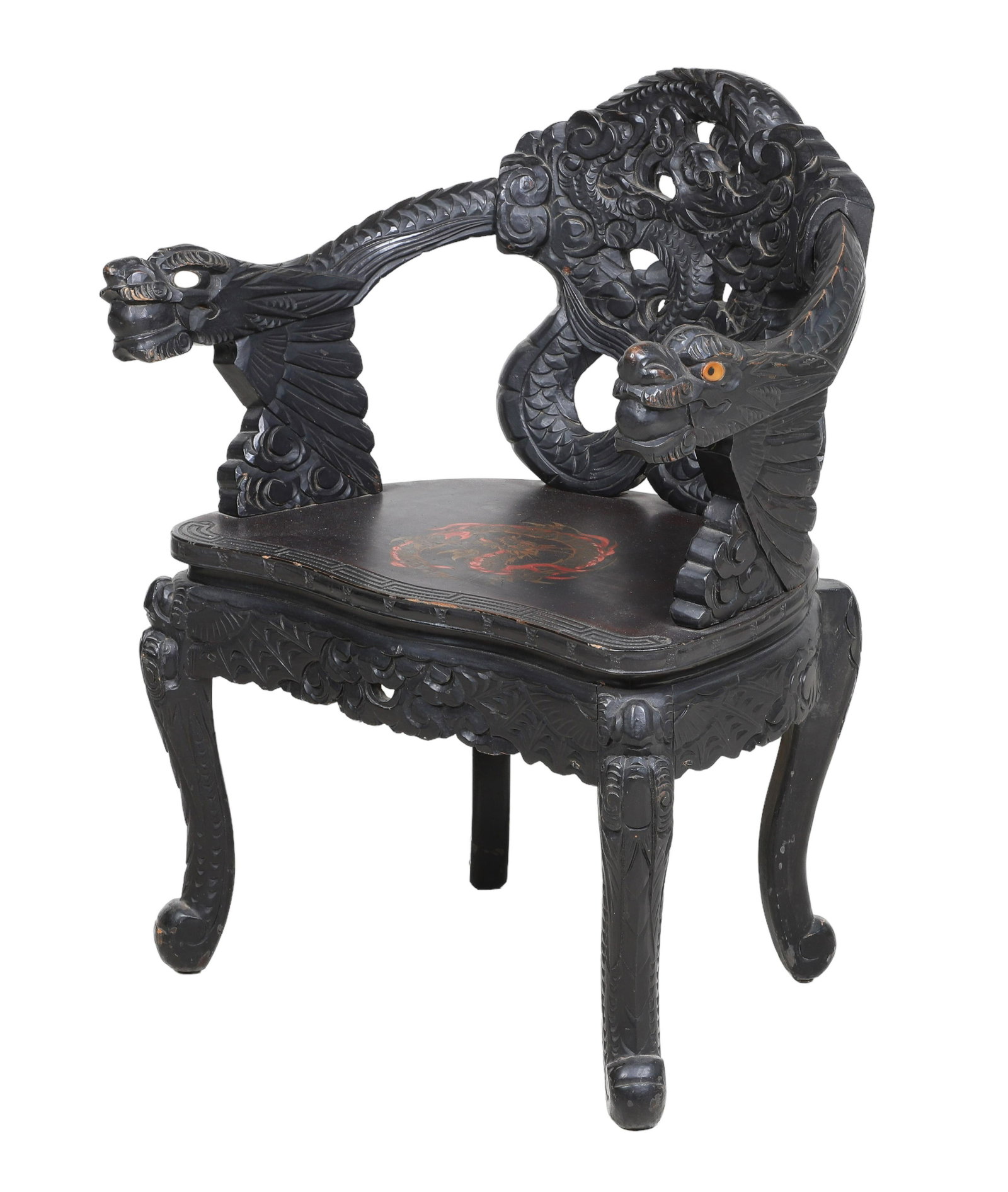 Japanese carved armchair w/ dragons: Japanese carved armchair w/ dragons, pierced carved back with dragons heads at arms, painted dragon on seat, carved skirt, 30"h x 24"w x 17"d