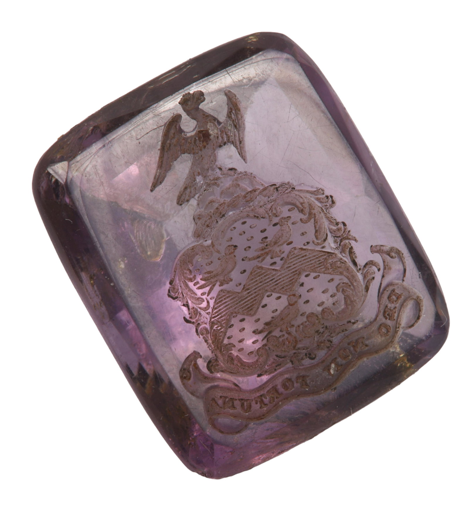 Deo Non Fortuna Intaglio Amethyst: Deo Non Fortuna Intaglio Amethyst, depicting a large bird over crest, mountains or pyramids, 3/4"H Provenance notes available from collector in London, can send upon request.