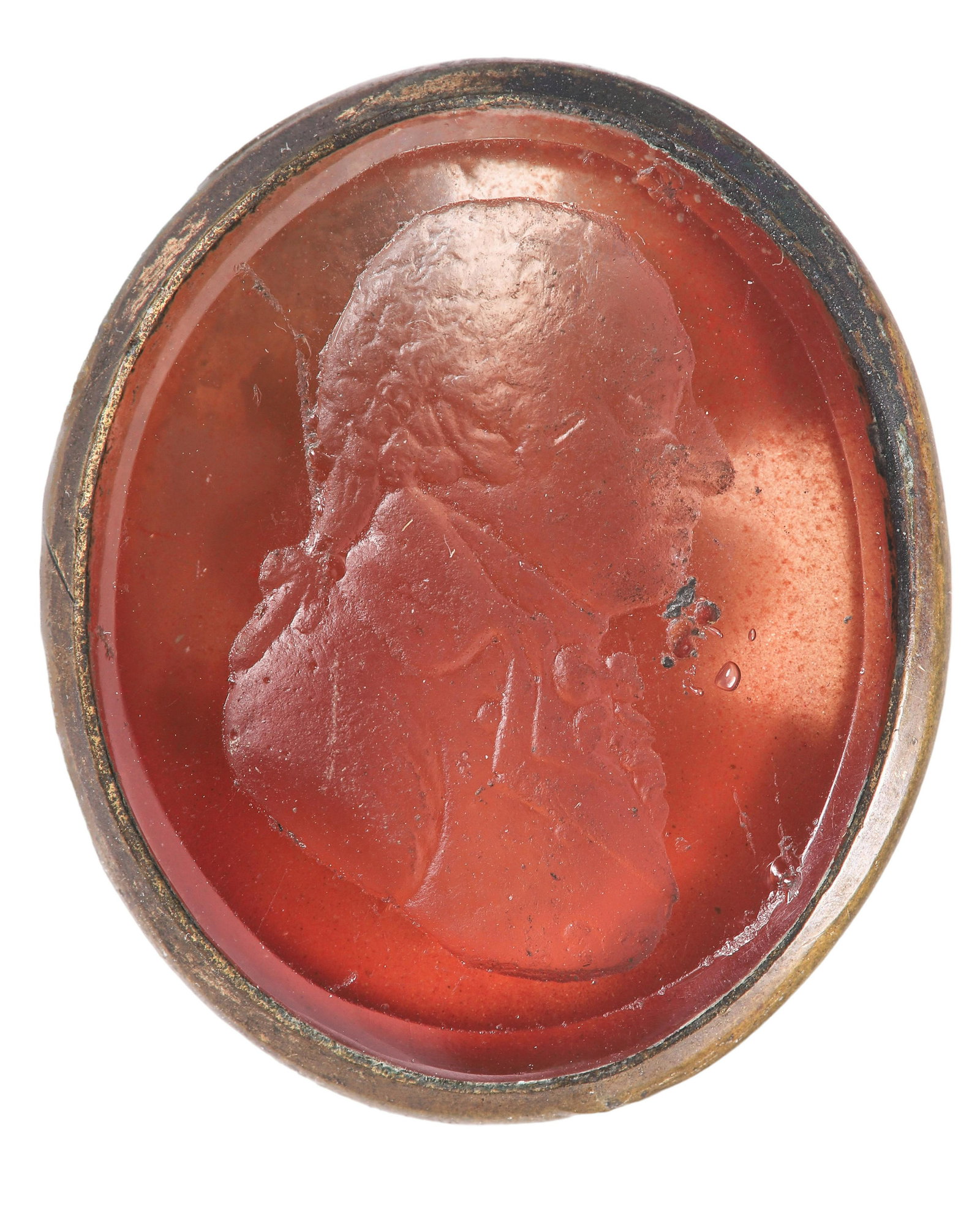 18th C Pinchbeck Intaglio Fob Seal of Washington: 18th C Pinchbeck Intaglio Fob Seal of Washington, figural right facing profile portrait carved seal in gold filled pierced pendant frame, 1"H Provenance notes available from collector in London, can s