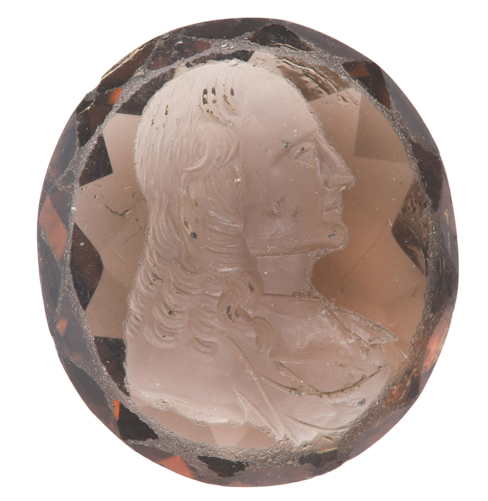 Carved Intaglio Portrait of Washington: Carved Intaglio Portrait of Washington, a right facing carved profile portrait of George Washington, 1"H x 7/8"W, testing spinel, Provenance notes available from collector in London, can send upon req