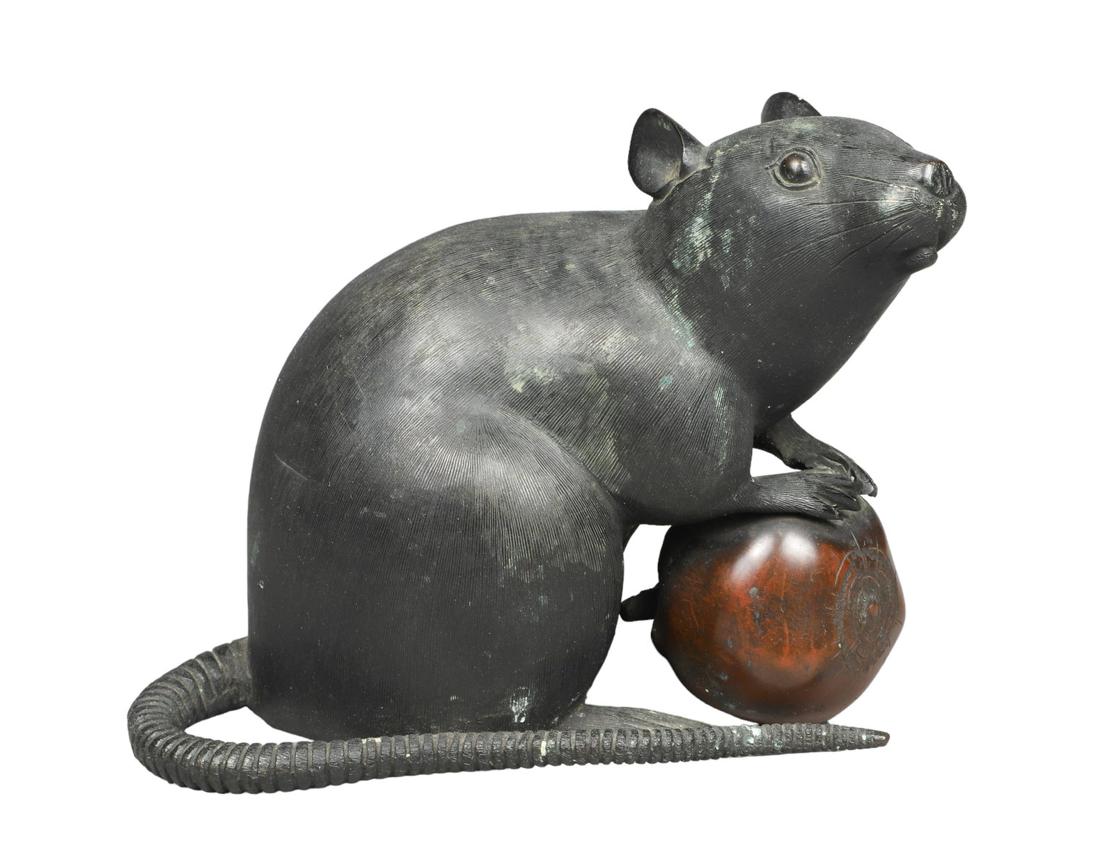 Japanese Meiji Bronze Rat with Chestnut: Japanese Meiji bronze rat with chestnut, finely cast bronze with dark patina and polished chestnut, signed on belly, 4-1/4" x 5-1/2" x 3-1/2", (1) 5/8" line at back of body, overall very good conditio