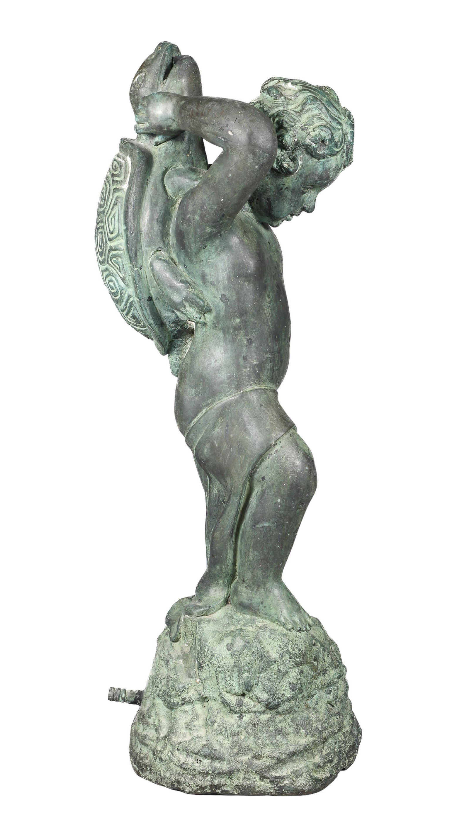 Patinated Bronze Figural Fountain: Patinated Bronze figural fountain sculpture, bow with turtle on his back, 24-1/2" h