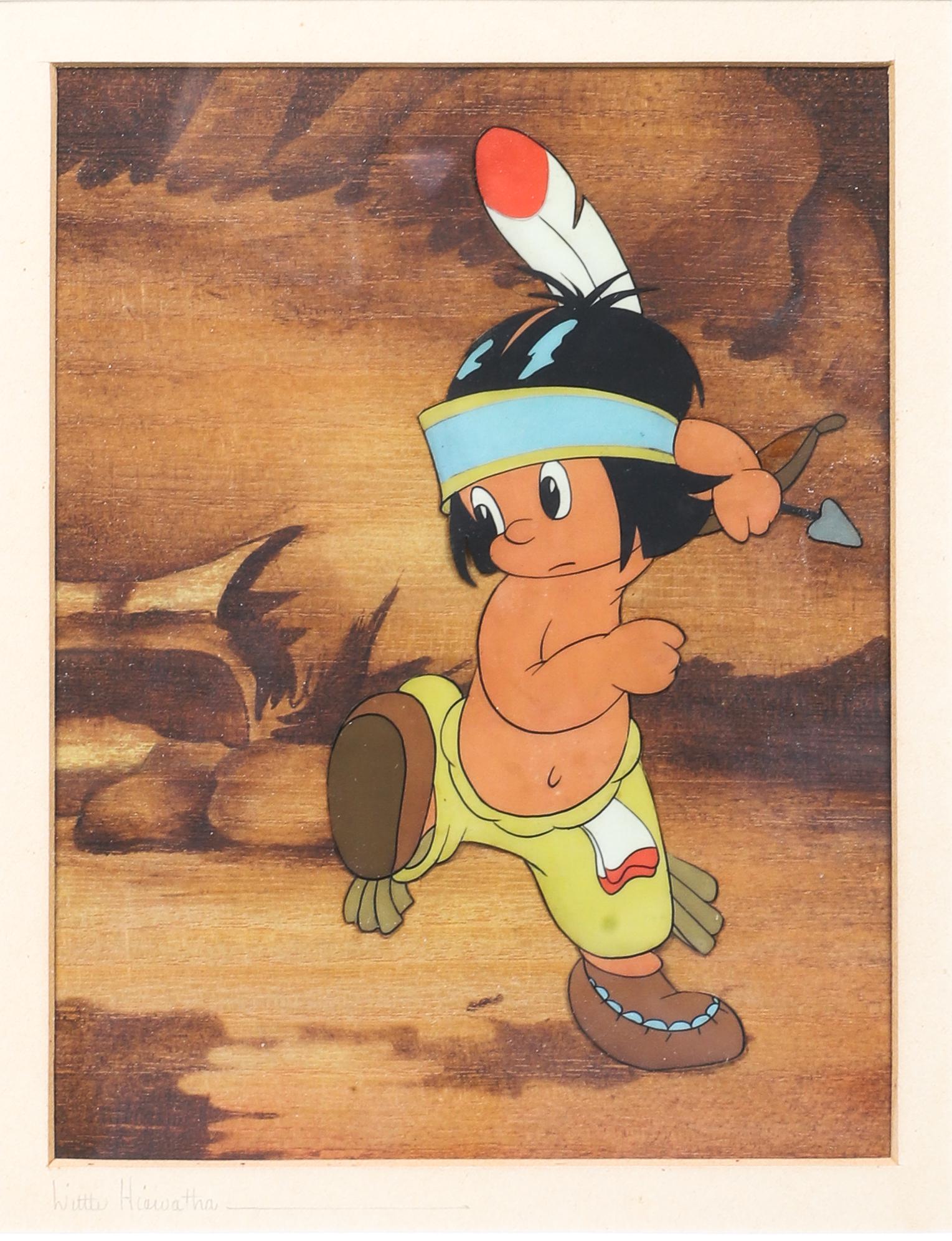 Disney Courvoisier Cel "Little Hiawatha": Disney Courvoisier cel "Little Hiawatha" depicting Little Hiawatha from the 1937 Walt Disney short, hand inked and hand painted, mounted on a wood grain background, inscribed "Little Hiawatha" on the 