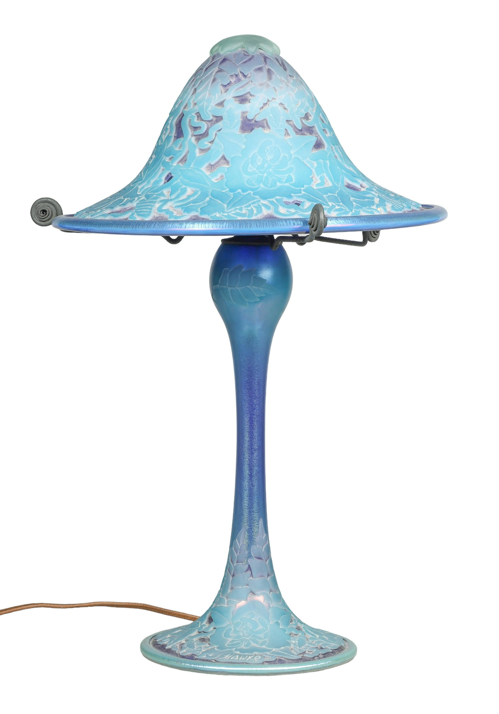 Iridescent Cameo Glass Table Lamp: Iridescent cameo glass table lamp, teal blue matte & iridescent glass, signed Hawke in the glass, 12-1/2" dia x 19" h, hairline in shade
