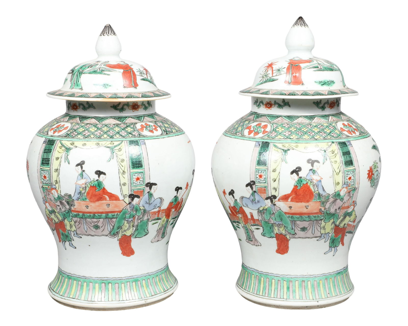 Famille Verte Chinese Porcelain Covered Jar Pair (1 of 8)
