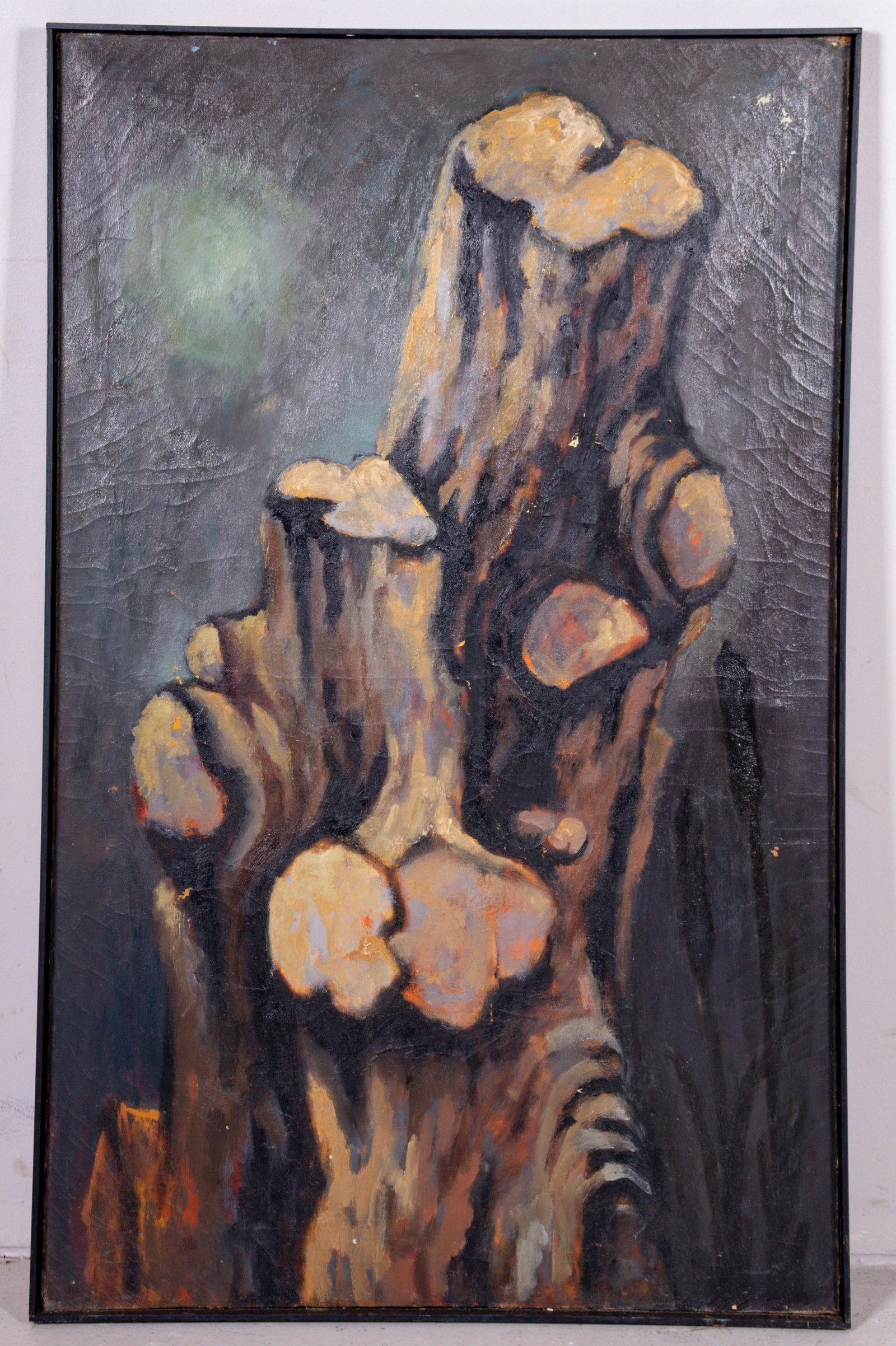 Morris Blackman 1950's Modernist Tree Stump: Morris Blackman (b 1930) 1950's Modernist Tree Stump, oil on canvas, unsigned, artist's estate stamp on back, 48" x 30", fair condition, age cracking, paint lossesMorris Blackman is an American artist