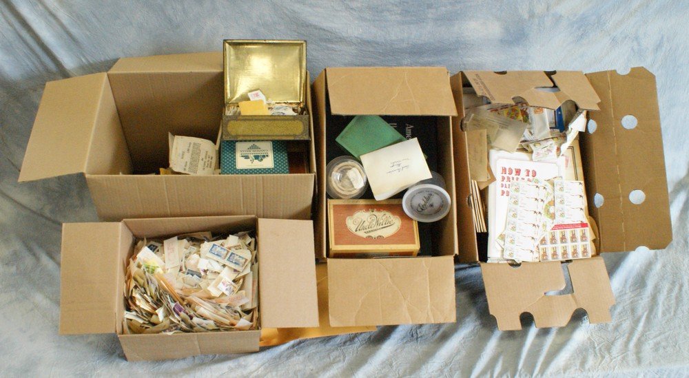 Estate balance lot in 3 large boxes quite diverse: Estate balance lot in 3 large boxes quite diverse includes; a few old albums, souvenir pages, empty albums, supplies and handbooks, boxes of off-paper mixes, seals and labels, a box of modern liqueur 