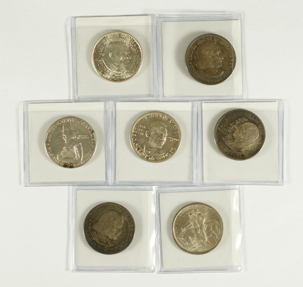 7 different commemorative halves mostly VF/AU, 18: 7 different commemorative halves mostly VF/AU, 1892 and 1893 Columbian, 1920 Pilgrim, 1923 Monroe, 1925 Stone Mt., 1946 B.T.W. and a 1952 Washington-carver.