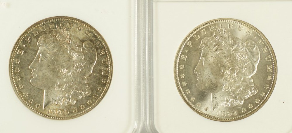 2 Morgan dollars both NGC MS64, 1899o and 1900o.: 2 Morgan dollars both NGC MS64, 1899o and 1900o.