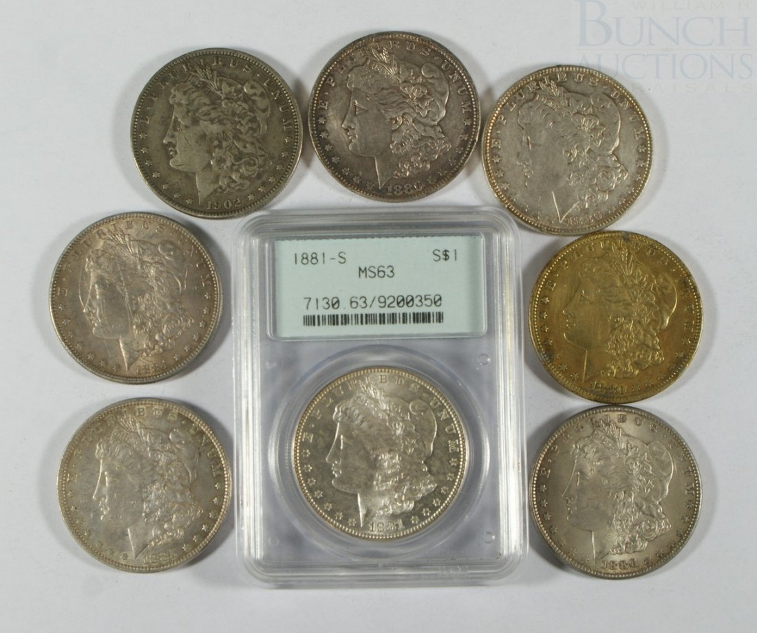 8 various date Pre-1921 Morgan dollars VF to AU i: 8 various date Pre-1921 Morgan dollars VF to AU including an 1881s PCGS MS63