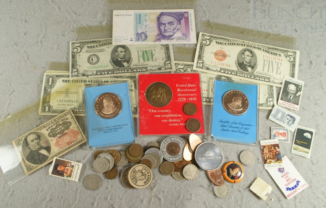 Useful coin and currency lot comprised of (14) $1: Useful coin and currency lot comprised of (14) $1 silver certificates 1935 or 1957 (worn), 1928F and 1963 $5 U.S. notes, a 1934 $5 F.R.N., 25¢ fractional note plus about 45 coins or medals worn to VF