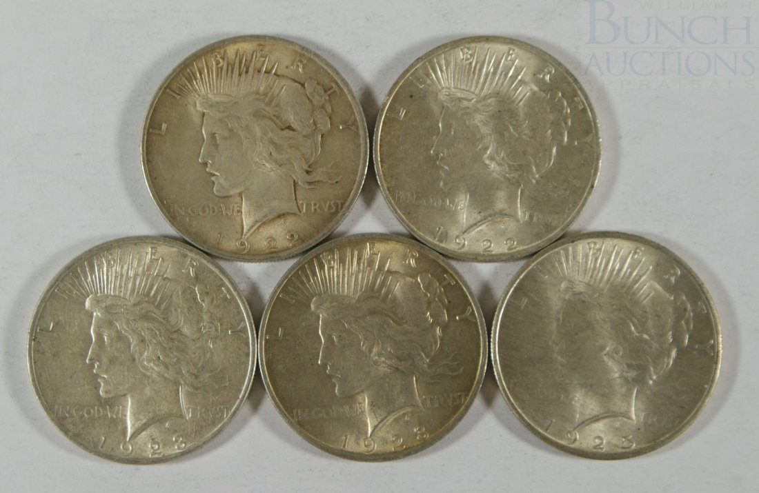 5 Assorted date Peace dollars 1922//1925 generall: 5 Assorted date Peace dollars 1922//1925 generally F to EF