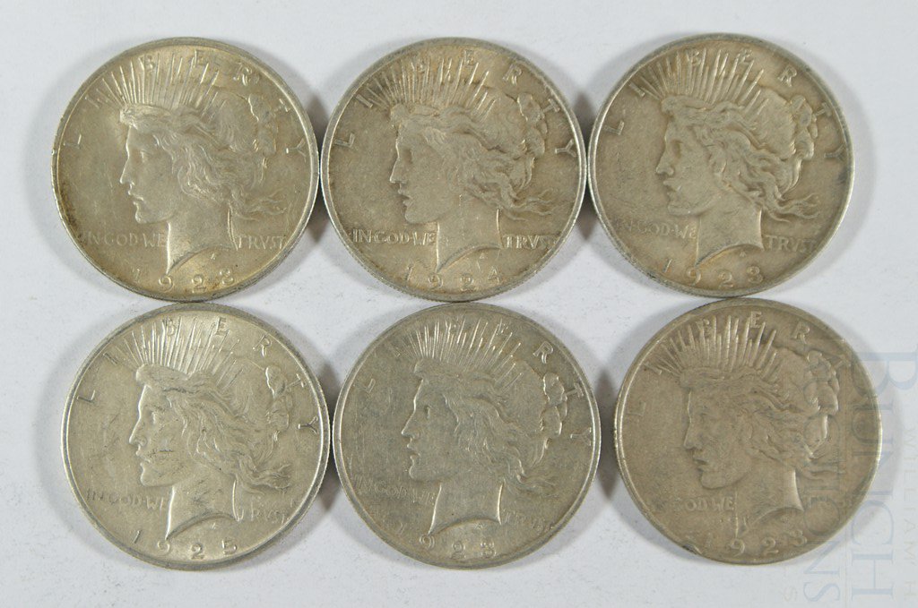 6 Assorted date Peace dollars 1923//1925 generall: 6 Assorted date Peace dollars 1923//1925 generally F to EF