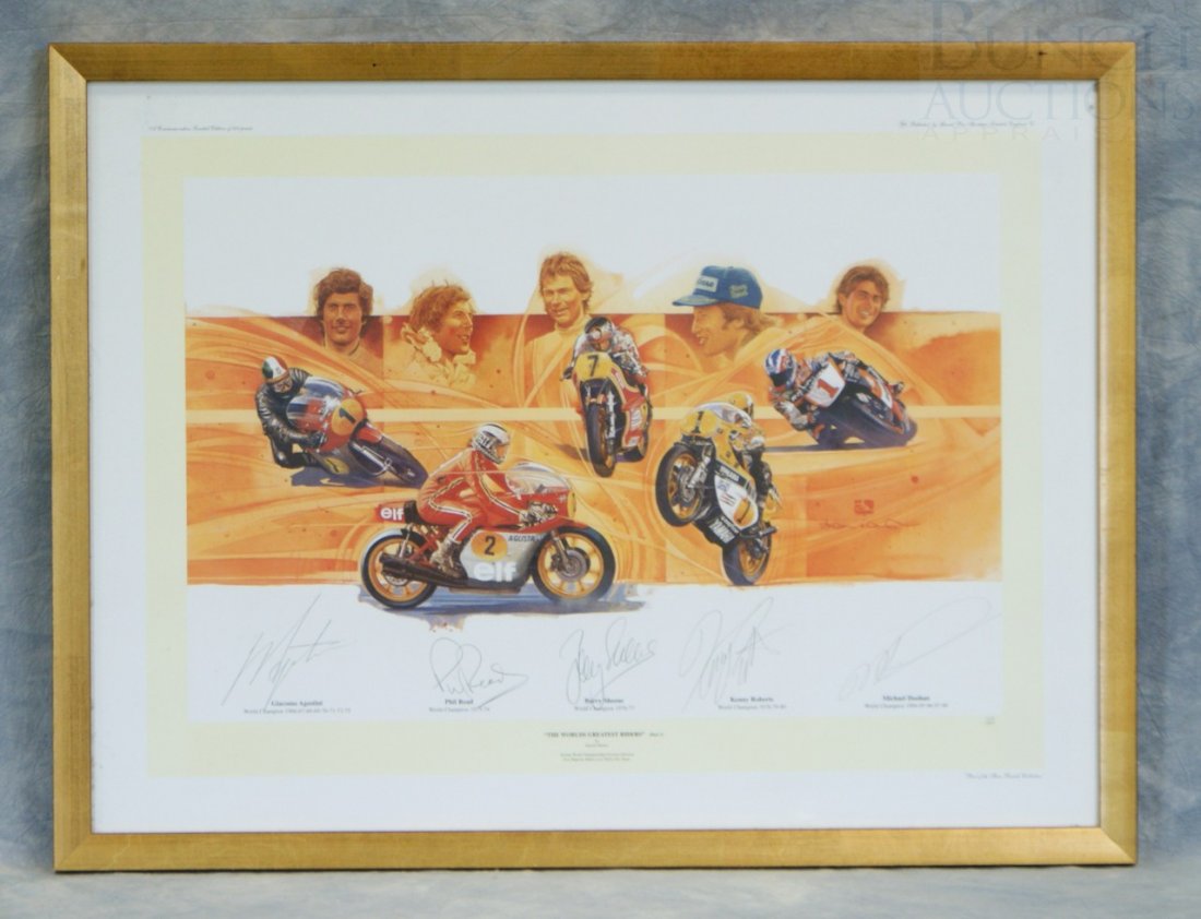 "The World's Greatest Riders" (Part I) by Darrell W: "The World's Greatest Riders" (Part I) by Darrell Warner, signed by Giacomo Agostini, Phil Read, Barry Sheene, Kenny Roberts, Michael Doohan, 416/500, part of the Steve Parrish Collection, published b