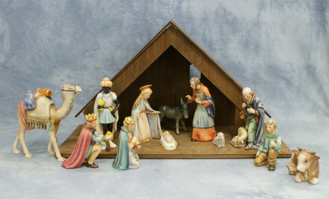Hummel Nativity set: Virgin Mary (full bee), Jose: Hummel Nativity set: Virgin Mary (full bee), Joseph (full bee), baby Jesus (stylized bee), 3 Wise Men (3 line mark), Donkey (3 line mark), Cow (3 line mark), Camel (3 line mark), small Sheep (stylized