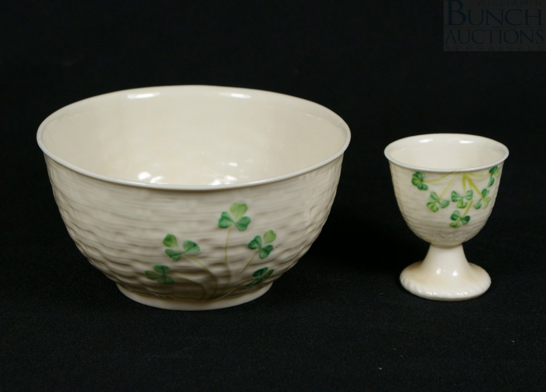 Belleek Shamrock Basketweave bowl, brown mark; Sh: Belleek Shamrock Basketweave bowl, brown mark; Shamrock Basketweave egg cup, tallest 6"