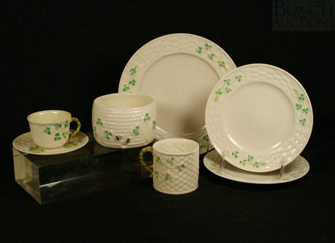 (7) Belleek Shamrock Basket Weave pattern: all gr: (7) Belleek Shamrock Basket Weave pattern: all green mark, a luncheon plate 8 1/4" diameter, 2 B&B plates 6 5/8" diameter, mug 2 1/2" h, demitasse cup & saucer and bowl