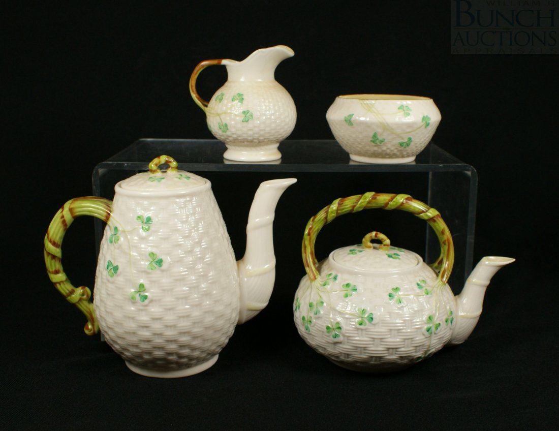 Belleek Shamrock Basket Weave teapot, coffee pot,: Belleek Shamrock Basket Weave teapot, coffee pot, sugar & creamer, all green mark; tallest is 7"