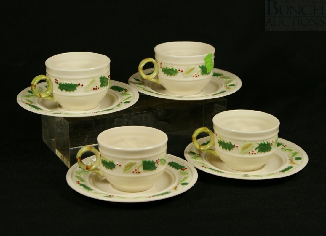 Belleek 4 Enchanted Holly pattern cups and saucer: Belleek 4 Enchanted Holly pattern cups and saucers; brown mark; cup is 2 1/8" H and saucer 5 1/2" D