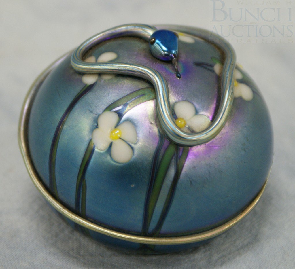Orient & Flume art glass paperweight, signed and: Orient & Flume art glass paperweight, signed and paper label "S 1975 At 1", iridescent blue with green & cream flowers and applied snake, 3" dia
