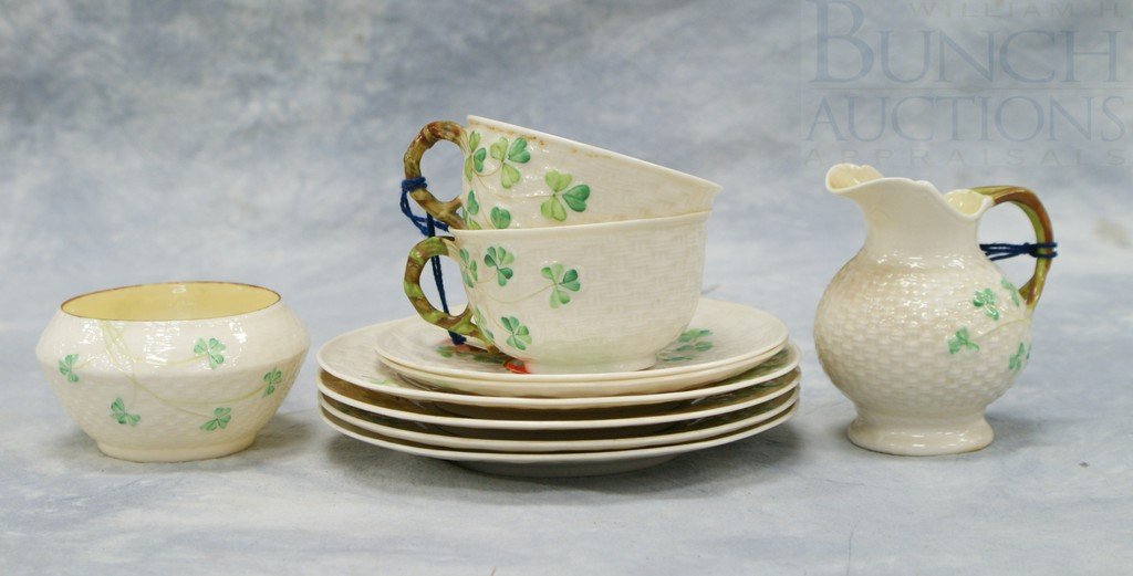 (10) Pieces of Belleek Shamrock Basketweave dinne: (10) Pieces of Belleek Shamrock Basketweave dinnerware, 4 B&B plates, 2 cups, 2 saucers, creamer & sugar, all green mark, tallest 4"