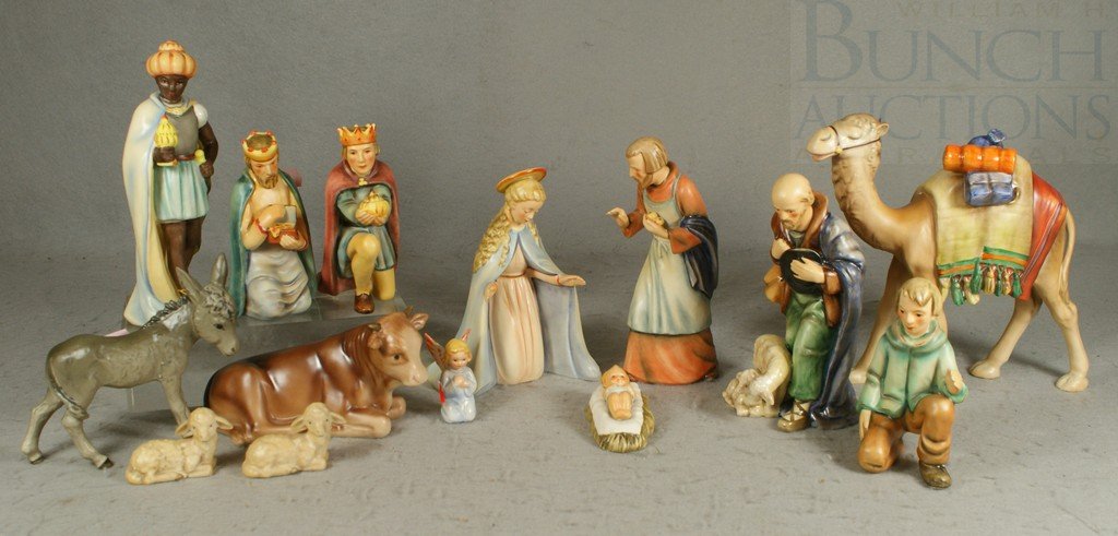 Hummel Nativity Set - 14 pieces, including Virgin: Hummel Nativity Set - 14 pieces, including Virgin Mary, Joseph (hand repaired at wrist & knuckles) , baby Jesus, 3 Wise Men, Donkey, Cow, Camel, 2 small Sheep, Shepherd, Shepherd with 2 Sheep, small a